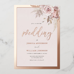 Invitación Con Relieve Metalizado Boda Floral Rubor Borde de Oro de Rosa Real