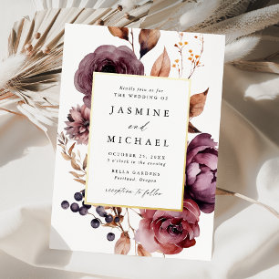 Invitación Con Relieve Metalizado Boda floral Rustic Autumn Marsala