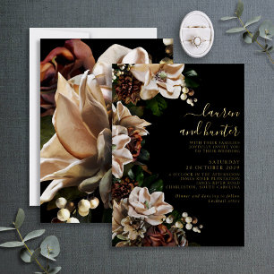 Invitación Con Relieve Metalizado Boda floral script Magnolia oscuro con dorado