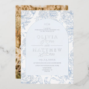 Invitación Con Relieve Metalizado Boda floral Toile francés azul 