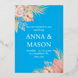 Invitación Con Relieve Metalizado Boda floral tropical de color rosa beige boho