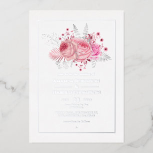 Invitación Con Relieve Metalizado Boda floral tropical rosa y plata