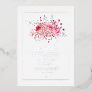 Invitación Con Relieve Metalizado Boda floral tropical rosa y plateado