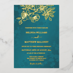 Invitación Con Relieve Metalizado Boda floral turquesa dorada