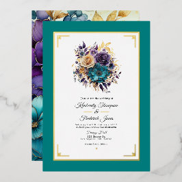 Invitación Con Relieve Metalizado Boda floral verde azulado, púrpura y dorada
