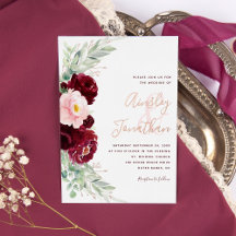 Boda floral verde moderno de Borgoña en oro rosa