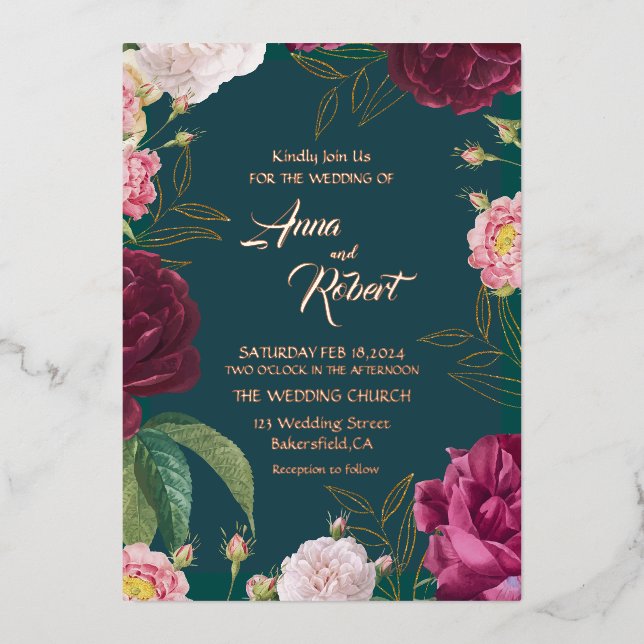 Invitación Con Relieve Metalizado Boda floral verde oro y esmeralda (Anverso)