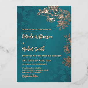 Invitación Con Relieve Metalizado Boda Floral Verde Pavo Real Rosa Dorado