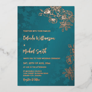 Invitación Con Relieve Metalizado Boda Floral Verde Pavo Real Rosa Dorado