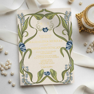 Invitación Con Relieve Metalizado Boda floral vintage art nouveau azul polvoriento y