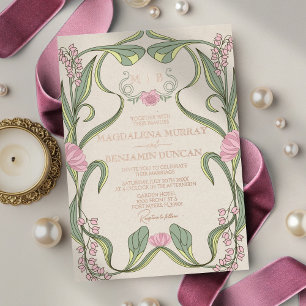 Invitación Con Relieve Metalizado Boda floral vintage Art Nouveau rosa salvia rubor