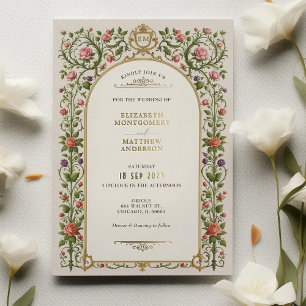 Invitación Con Relieve Metalizado Boda floral vintage con rosas y dorado ornamentado