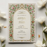 Invitación Con Relieve Metalizado Boda Floral Vintage con Rosas y Oro Ornato<br><div class="desc">Esta invitación a la boda de inspiración vintage tiene un delicado borde floral adornado con rosas rosas rojas y rosas rojas, flores moradas y hojas verdes exuberantes. Los acentos dorados y el suave fondo crema le dan un toque elegante, creando una estética atemporal y romántica. Los detalles intrincados y la...</div>