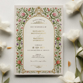 Invitación Con Relieve Metalizado Boda Floral Vintage con Rosas y Oro Ornato