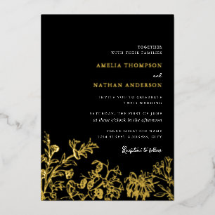 Invitación Con Relieve Metalizado Boda Floral Vintage Elegante Dorado Negro