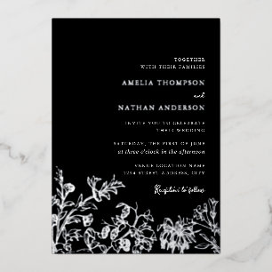 Invitación Con Relieve Metalizado Boda Floral Vintage Elegante Plata Negra