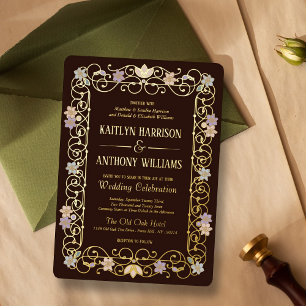 Invitación Con Relieve Metalizado Boda Floral Vintage Elegante Rococó Revival