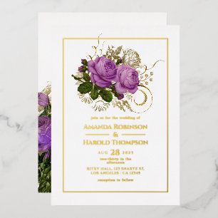 Invitación Con Relieve Metalizado Boda floral vintage shabby-chic de color púrpura y