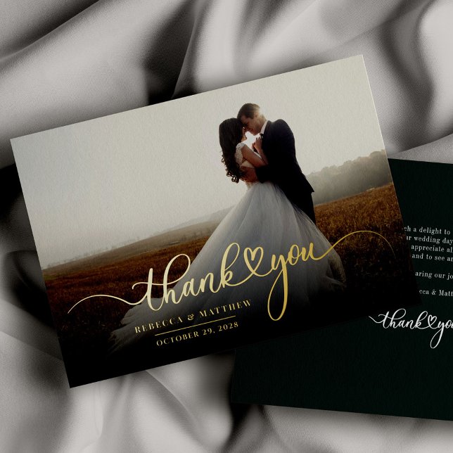 Invitación Con Relieve Metalizado Boda florido a mano gracias oro (Modern Wedding Photo Script Thank You Gold Foil Card)