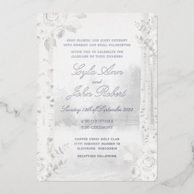 Invitación Con Relieve Metalizado Boda forestal Birch Tree (Anverso)
