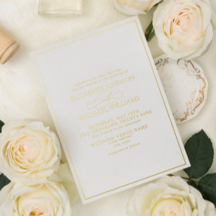 Invitación Con Relieve Metalizado Boda Formal Caligrafía Real Hoja de Oro Elegante