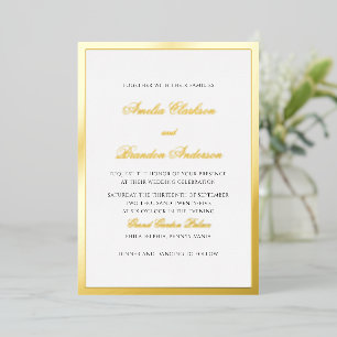 Invitación Con Relieve Metalizado Boda Formal Clásica con Borde Grueso Dorado y Letr