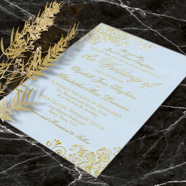 Invitación Con Relieve Metalizado Boda formal clásico elegante oro y azul polvo (Subido por el creador)