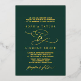 Invitación Con Relieve Metalizado Boda Formal con Florecimiento de Esmeralda y Hoja 