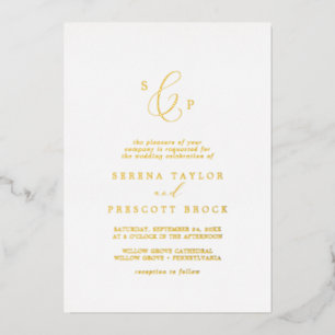 Invitación Con Relieve Metalizado Boda Formal con Monograma de Pan de Oro Delicado 