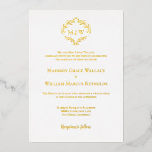 Invitación Con Relieve Metalizado Boda Formal Corona Elegante Monograma Hoja de Oro 
