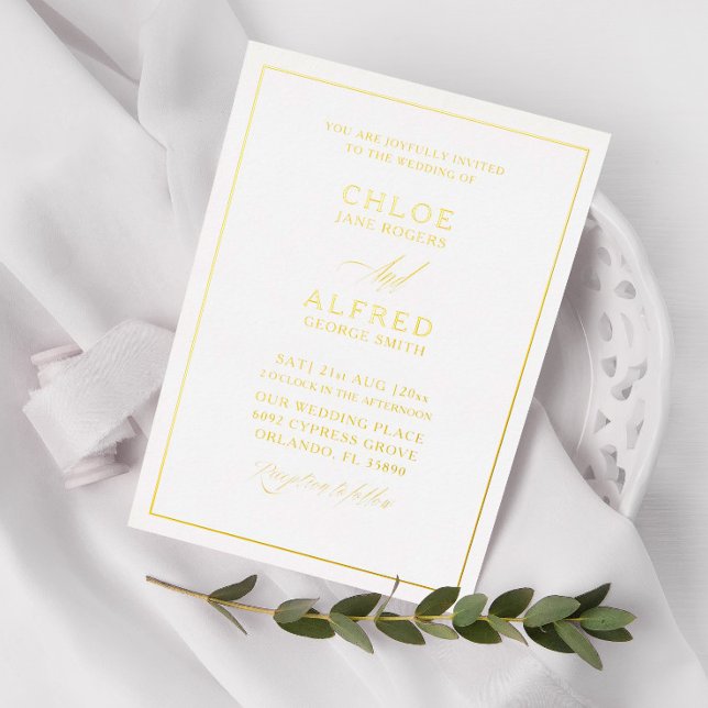Invitación Con Relieve Metalizado Boda formal de oro real y caligrafía blanca (Subido por el creador)
