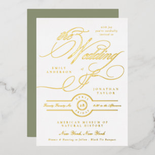 Invitación Con Relieve Metalizado Boda Formal Elegante Caligrafía Dorada Verde Salvi