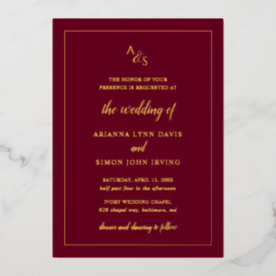 Invitación Con Relieve Metalizado Boda Formal Elegante Monograma Simple de Borgoña