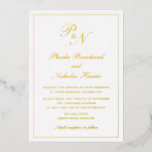 Invitación Con Relieve Metalizado Boda formal elegante monograma tradicional<br><div class="desc">Invitación tradicional a la boda con un diseño sencillo y clásico con su monograma inicial y sus nombres en una caligrafía elegante dentro de un borde delgado. Todos los elementos de diseño están impresos en Relieve metalizado oro real. Esta invitación de bodas de lujo con un diseño atemporal es perfecta...</div>