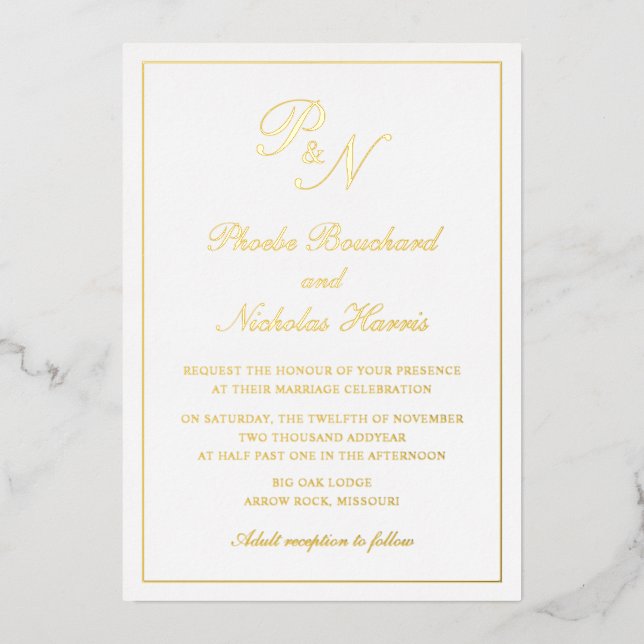 Invitación Con Relieve Metalizado Boda formal elegante monograma tradicional (Anverso)