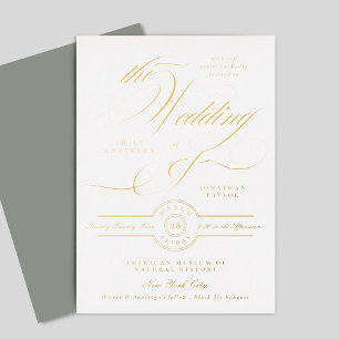 Invitación Con Relieve Metalizado Boda Formal Elegante Oro Caligrafía Gris Blanco