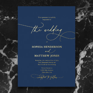 Invitación Con Relieve Metalizado Boda Formal Elegante Script Azul Marino