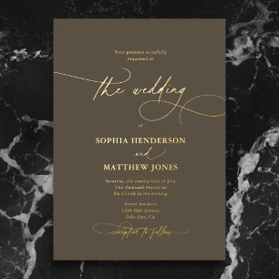 Invitación Con Relieve Metalizado Boda Formal Elegante Script Boho Marrón