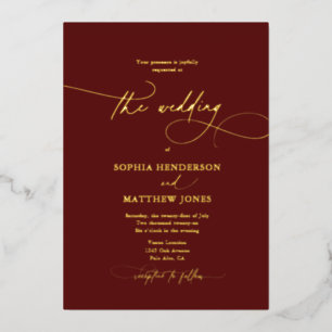 Invitación Con Relieve Metalizado Boda Formal Elegante Script Burgundy