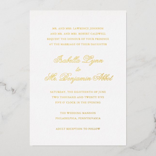 Invitación Con Relieve Metalizado Boda formal elegante tradicional (Anverso)