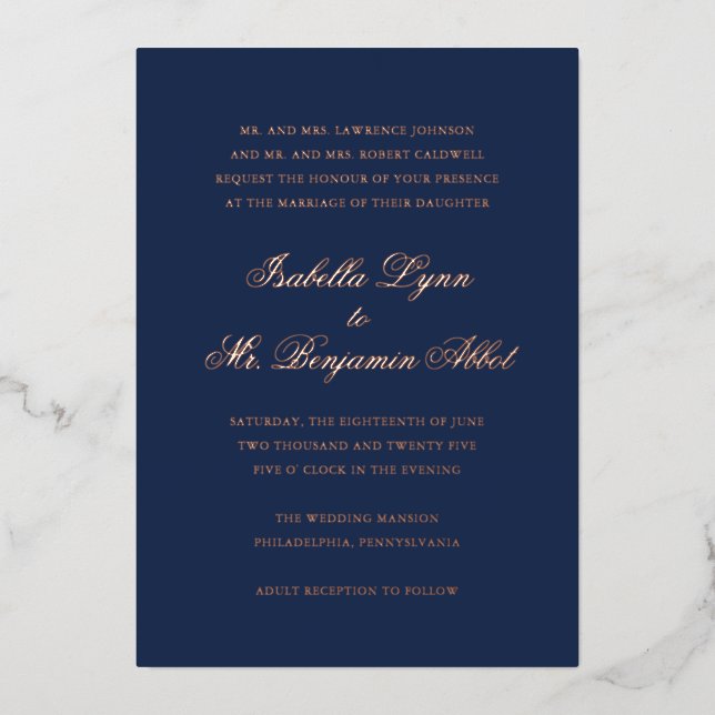 Invitación Con Relieve Metalizado Boda formal elegante tradicional de la Marina Azul (Anverso)