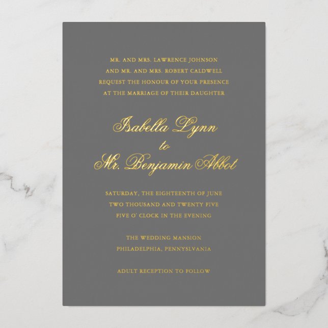 Invitación Con Relieve Metalizado Boda formal elegante tradicional gris (Anverso)