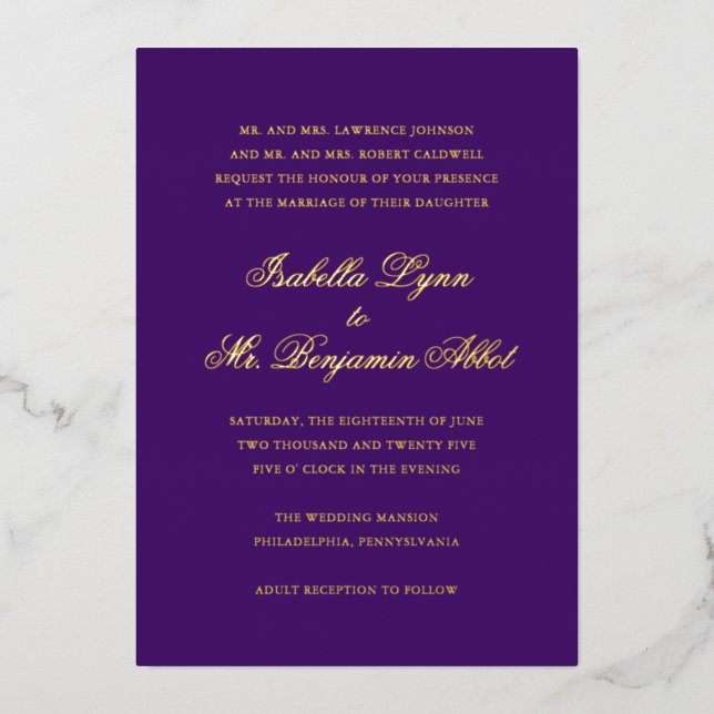 Invitación Con Relieve Metalizado Boda formal elegante tradicional púrpura (Anverso)