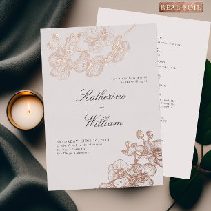 Invitación Con Relieve Metalizado Boda Formal Moderna Clásica Orquídeas Todo en Uno