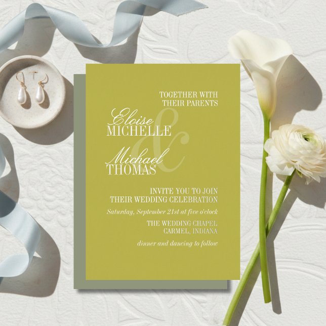 Invitación Con Relieve Metalizado Boda Formal Moderna con Letra Chartreuse (Modern Chartreuse Script Formal Wedding Foil Invitation)