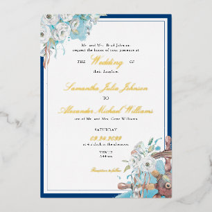 Invitación Con Relieve Metalizado Boda Formal Naval Floral Marina y Blanca