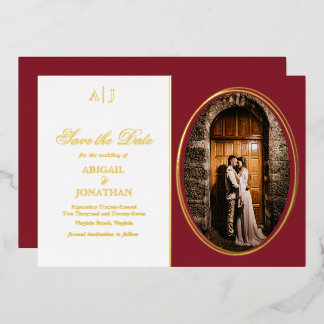 Invitación Con Relieve Metalizado Boda Formal Rojo, Foto Dorada Save the Date