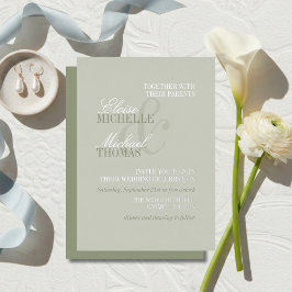 Invitación Con Relieve Metalizado Boda Formal Verde Salvia Escritura Moderna