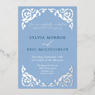 Invitación Con Relieve Metalizado Boda Formal Victoriana Azul Polvoriento Vintage