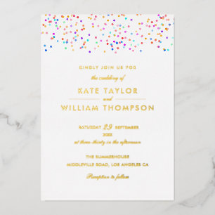 Invitación Con Relieve Metalizado Boda Foto Confeti Arcoíris Moderno Dorado